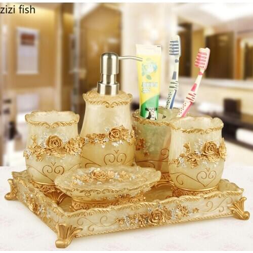European Resin Household Bathroom Set Soap Dispenser Tooth Brush Holder Cup Soap Dish Tray Toilet Brush Wastebin Storage Set