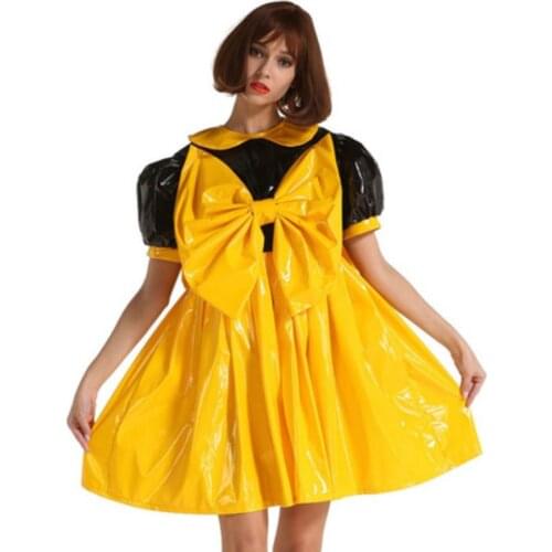 PVC Big Bow Lovely Puff Sleeve Dress Adult Sissy Dress Elegant Kawaii Lolita Dress Gothic Party Halloween Costume S-7XL