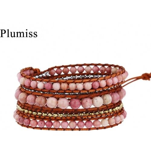 Plumiss Rhodochrosite Wrap Bracelet for Women Rhodonite Hematite Boho Bracelets Female Jewelry Gift to Girlfriend Dropshipping