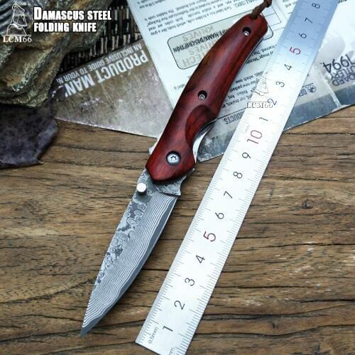 LCM66 Damascus Folding knife hunting knife Paring knife 59HRC Sandal Wood handle with Portable knife Tools Outdoor Knife EDC