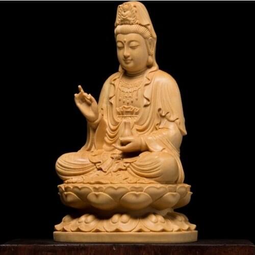 10/13CM Sitting Lotus Guanyin Statue Religion Buddhism Figurines Wood Decoration Chinese Classical Wood Statue Home Decoration