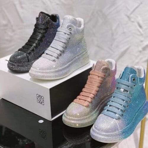 Rhinestone Women Sneakers High-Top White Sneaker Student Platform Vulcanized Shoes Casual Winter Plush Sports Shoe Big Size 43