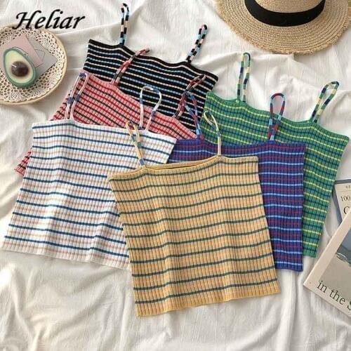 HELIAR Croped Tops Rainbow Striped Knitted Tops 2020 Summer Ladies Sleeveless Spaghetti Sexy Slim Femme Strapless Camis Women