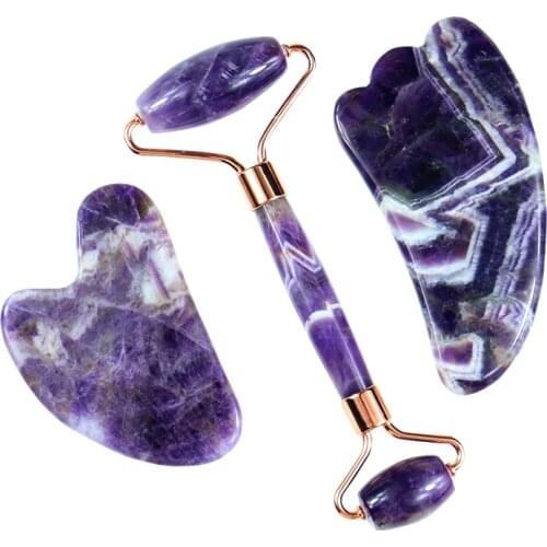 Face Care Massage Tool Amethyst Roller Gua Sha Massage Set Natural Crystal Jade Massager Facial Body Neck Skin Beauty Detox
