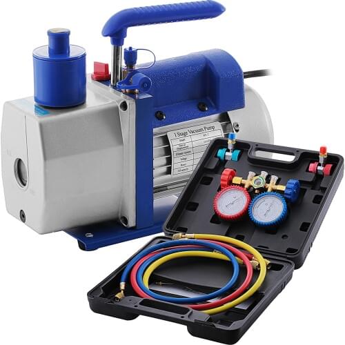 VEVOR 4.8CFM 1/3HP Rotary Vacuum Pump + 4 Valve A/C Manifold Gauge Set, HVAC Refrigerant Air Conditioning R22 R134A R410A