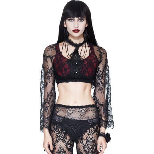 EVA LADY New New Sexy Lady T-shirts Black Lace Gothic Top Tees See Through T-shirt With Necklace Womens Short 2 Sets Tees