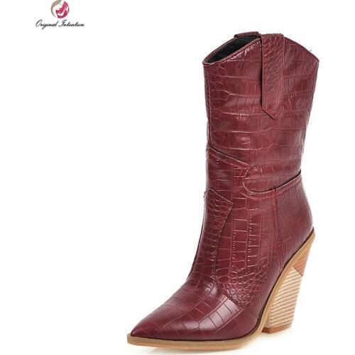 Original Intention Fashion Elegant Ankle Boots Woman Black White Red Yellow Crocodile Grain Pointed Toe Concise Shoes Female