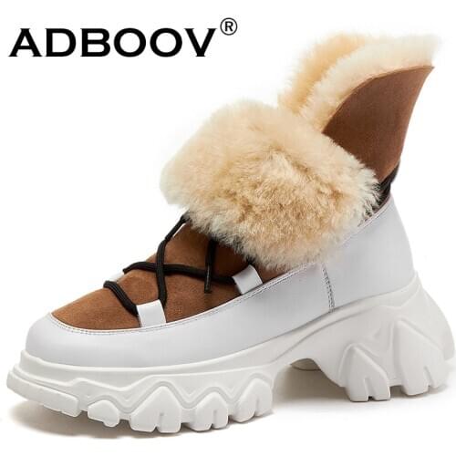 ADBOOV Wool Snow Boots Women Real Fur Winter Shoes Genuine Leather High Top Chunky Sneakers Ladies