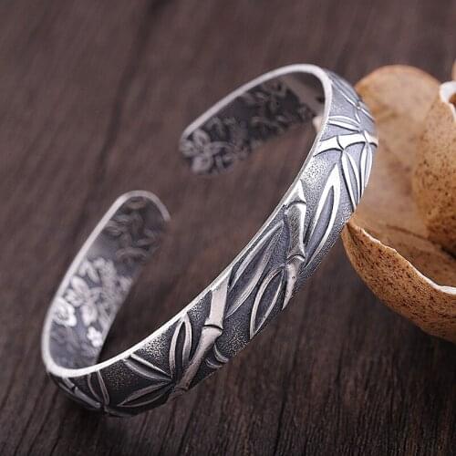 Uglyless Solid 999 Silver Bamboo Leaves Bangles for Women Double-side Carved Floral Open Bangle Thai Silver Ethnic Jewelry BA750