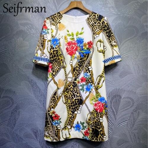 Seifrmann New 2021 Summer Women Fashion Designer Party Short Dress Short Sleeve Gorgeous Crystal Beading Printed Ladies Dresses