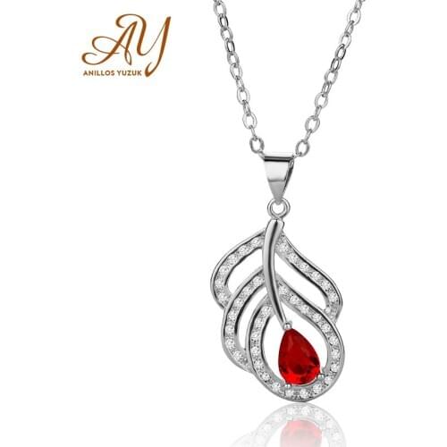 Anillos Yuzuk Created Ruby Leaf Pendant Necklace 925 Sterling Silver Gemstone Choker Statement Necklace Women With Chain