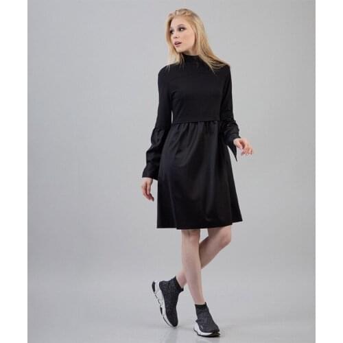 Women Black Pu Leather Patchwork Dress Ladies Long Sleeve Stand Collar Autumn Dress 2020 New Fashion Women Knee Dresses Vintage