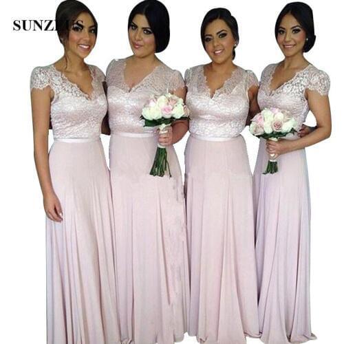 Lace Bodice Cap Sleeve Long Bridesmaid Dresses A-line V-neck Women Chiffon Party Gowns Wedding Guest Dress