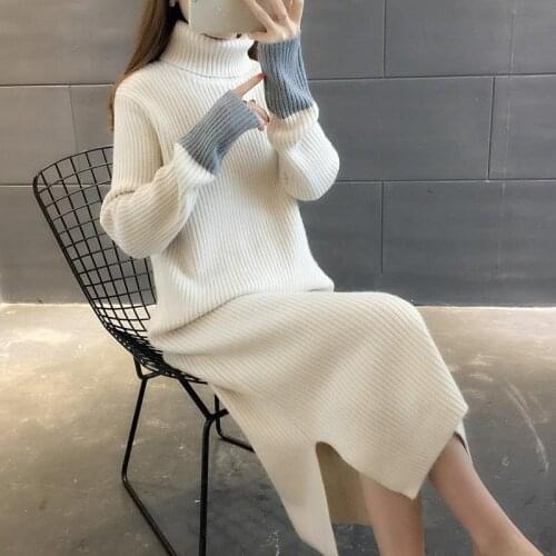 2021 Fall Winter Long Sweater Dress Women Casual Loose Knitted Maxi Dress Fashion Vintage Split Turtleneck Pullover Vestido