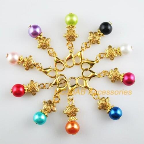 10 New Chinese Knot 10x21mm Charms Mixed Ball Glass Gold Color Retro With Lobster Claw Clasps