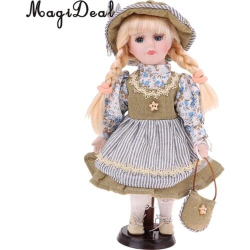 30cm Cute Porcelain Girl Doll People Figure with Green Clothes Set Decor Gift