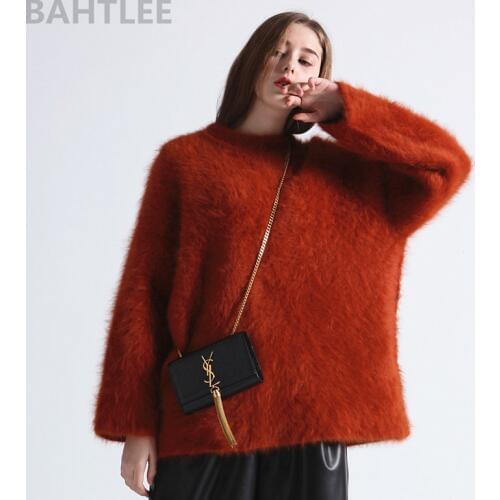BAHTLEE Autumn Winter Womens Angora Knitted Pullovers Sweater O-Neck Mink Cashmere Butterfly Sleeves Very Thick Keep Warm Loose
