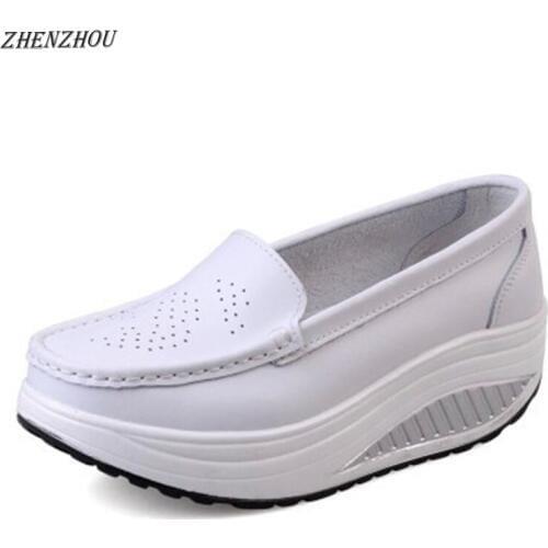 Free shipping spring genuine leather soft outsole work shoes female black swing shoes woman plus size wedges single female shoes