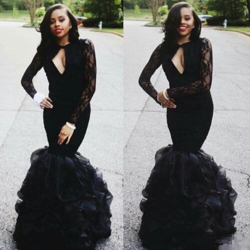 Black Aso Ebi South African Evening Dresses Mermaid Long Sleeves Lace Ruffles Nigeria Saudi Arabic Evening Gown Prom Dresses