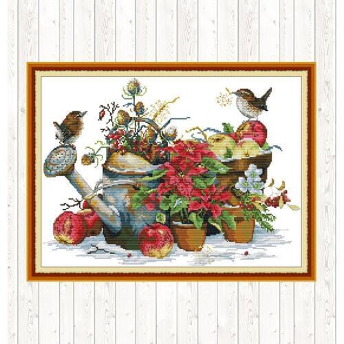 Flower Pot and Birds Chinese Cross Stitch Sets for Embroidery Kit DIY Needlework Aida Counted 14ct 11ct Printed Canvas DMC Floss