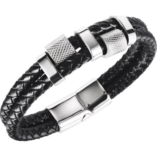 Cyue European Men Fashion Black Braided Multi-layer Leather Bracelet Stainless Steel Button Wristband Jewelry ZYLB0211