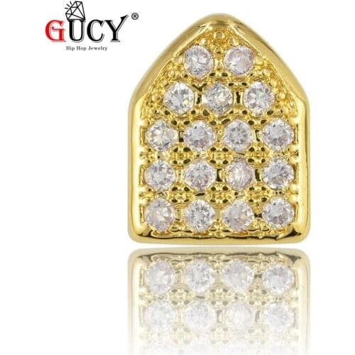 GUCY Single Gold Teeth Grills Dental Micro Pave Cubic Zircon Single Top Tooth Caps Hip Hop Grills Halloween Jewelry Party,Gift