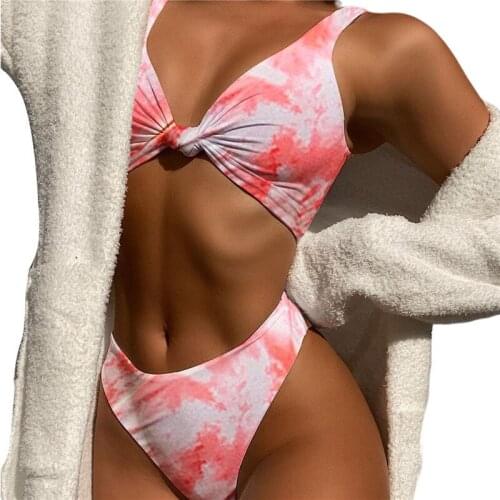 HIRIGIN 2021 Women 2Pcs Tie Dyeing Print Bikini Set Beachwear Deep V-neck Tank Bra with Thong Briefs Bathing Suit Swimsuits 2021
