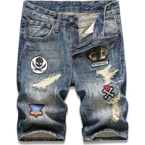 Designer Fashion Men Jeans Shorts Newly Retro Blue Patches Designer Destroyed Denim Shorts Men Summer Hip Hop Ripped Short Jeans