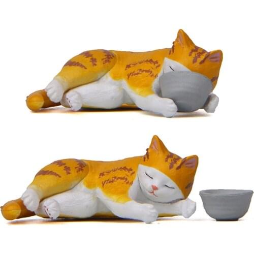 Cartoon Sleeping Cat with Bowl Mini Figures Cute Kitten Landscape Miniature Figurines Collection Decoration Toys for Children