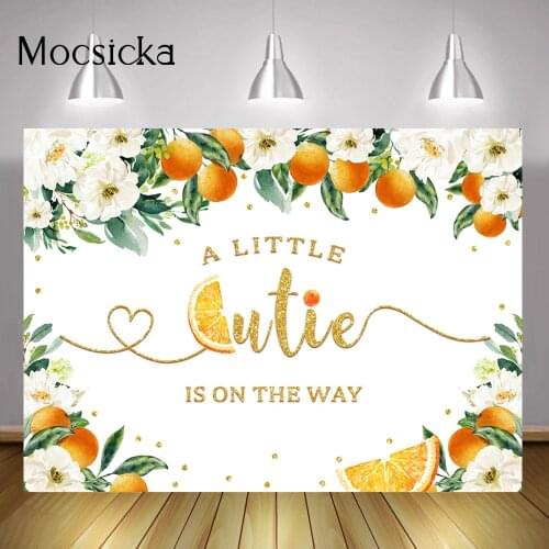 A Little Cutie is on The Way Backdrop Little Cutie Tangerine Baby Shower Party Background White Flowers Orange Decoration Props