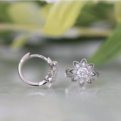 Charm Silver Color Flower Small Hoop Earrings Luxury Female White Crystal Stone Earrings Dainty Bride Wedding Earrings For Women