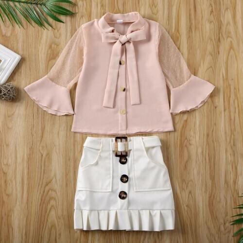 Baby Girls Spring Summer Clothes Set Chiffon Pink Long Sleeve Flare T-shirt + Leather Skirts Outfits Clothes Sets