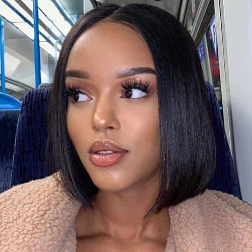 Lace closure bob short straight human hair wig cut pixie style fringe wig human hair Natural black bang 8-14inch can be curly
