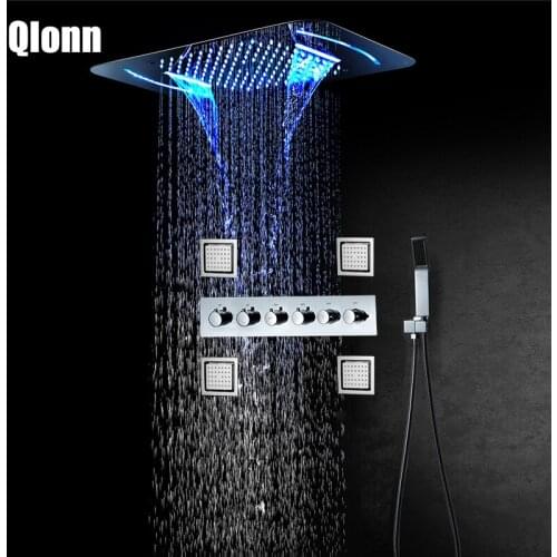 Qlonn 5 Functions Rain Shower System Ceiling 580*380mm ShowerHead LED Shower Panel Bathroom Faucet Wall Mounted Concealed Mixer