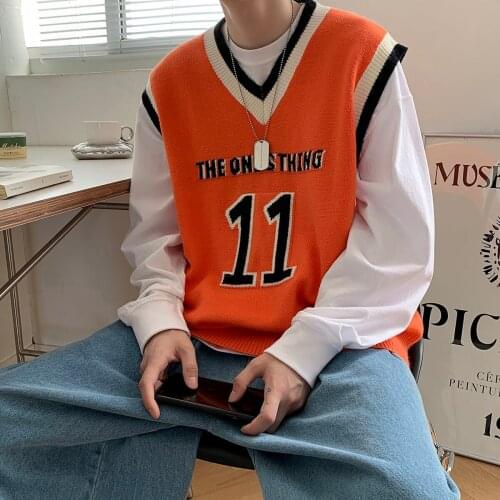 Sweater Sleeveless V-neck Vest Coat Oversize Casual Knitted Pullover Teenagers College Style Printed Letter Tops Male Clothes