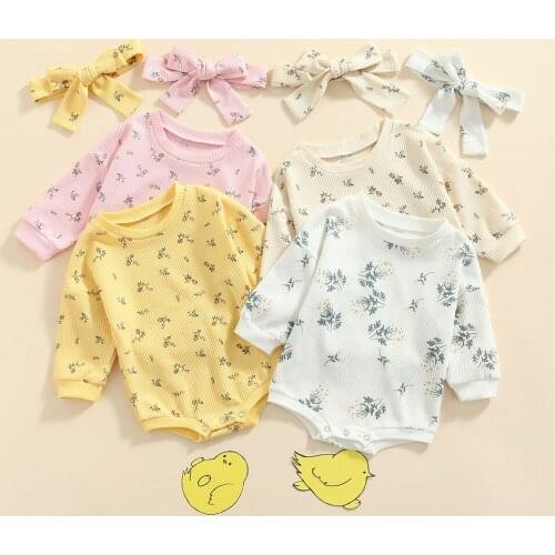 4 Colors Autumn Fashion Baby Girls Rompers Newborn Infant Girl Flower Print Knitted Long Sleeve Loose Jumpsuits Headband Outfits