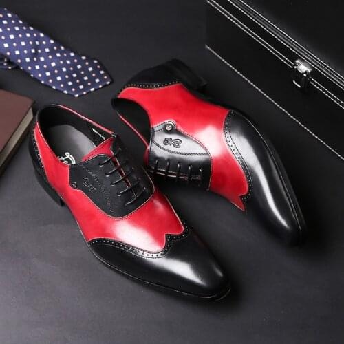 FELIX CHU Stylish Mens Formal Oxford Shoes Wingtip Genuine Leather Mens Wedding Party Black Red Pointed Toe Dress Shoes for Men