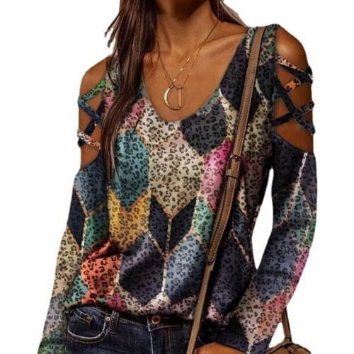 Women t shirt Long Sleeve Off Shoulder Flower Color Sexy Womens t-shirts Off Shoulder Tops off shoulder V-neck leopard tops