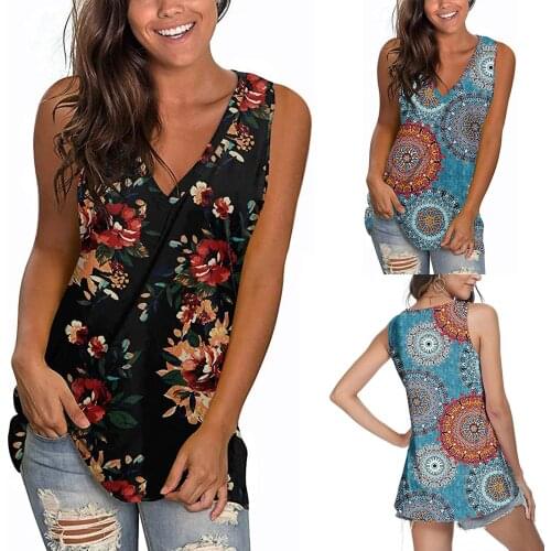 Women Summer V-Neck Sleeveless Tank Tops Blouse Ladies Casual All-match Artistry Flowers Personalized Printing Lovely T-Shirt