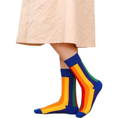 Women Autumn Rainbow Vertical Striped Long Crew Socks Novelty Harajuku Hip Hop Skateboard Student Cotton Stockings