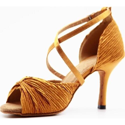 Evkoodance New Women Dance Shoes Pleated Satin Latin Ballroom Dance Shoes GirlsSoft Party Salsa Dance Shoes Heels 5-10cm