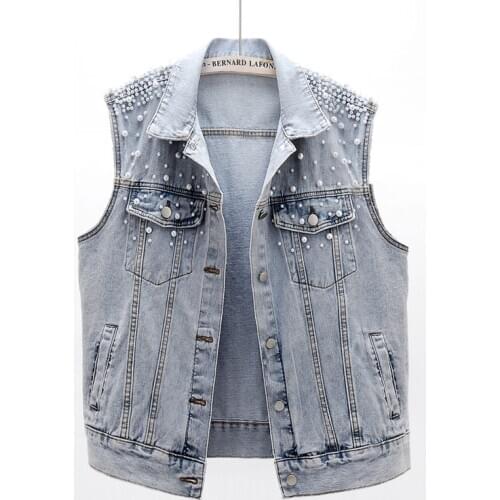 Pearls beading 2020 NEW women sleeveless denim vests spring summer female all match loose waistcoat JC244