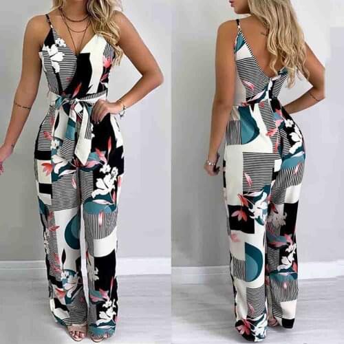 Fashion Women Printed Strap Jumpsuits Sleeveless Sling V-neck Romper Summer Drawstring Waist Wide Leg Pants Lady Jumpsuits