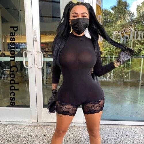Sexy Women Stitching Lace Skinny Playsuits Long Sleeve Rompers Joggers Casual Shorts Jumpsuit Body Femme Longue Overalls Outfits