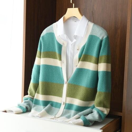 Zocept 100% Merino Wool Sweater Cardigen Women Autumn Winter Casual Striped Knitted Cardigans Female Long Sleeve Loose Jacket