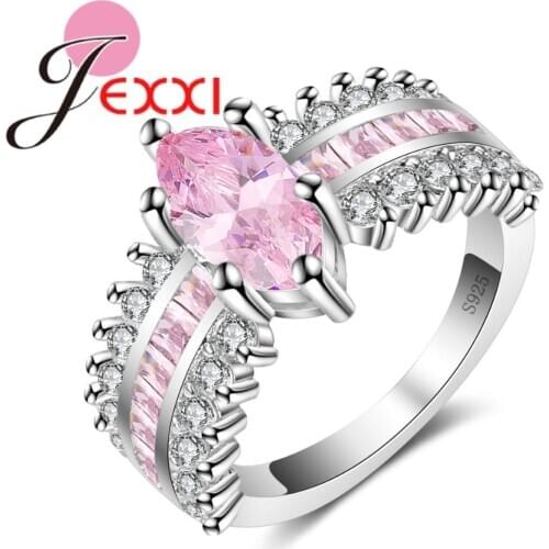 925 Sterling Silver Stamped Silver Rings For Wedding Engagement Jewelry Fashion Pink Cubic Zircon Crystal Ring For Women Bijoux