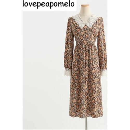 2021 New Vintage Retro Floral Printed Womens Dress V-Neck Lace Patchwork Long Sleeve Female A-Line Dress Spring Summer 113