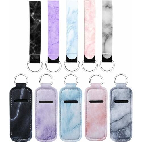 1pcs Clip-on Chapstick Pouch Lipstick Holder Keychain Elastic Lip Balm Holster Marble Neoprene Chapstick Holder With Metal Ring