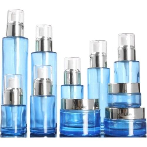 120ML 100ML 60ML 30ML 20ML Empty Clear Blue Glass Bottle Cosmetic Container Spray Lotion Pump Cream Jars 50G 30G 20G 8pieces