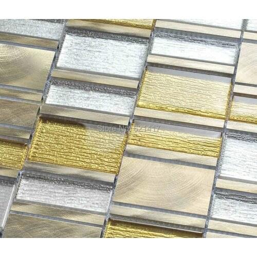 Aluminum alloy metal strip crystal glass mosaic tiles HMGM1099B for backsplash kitchen wall sticker bathroom floor tile